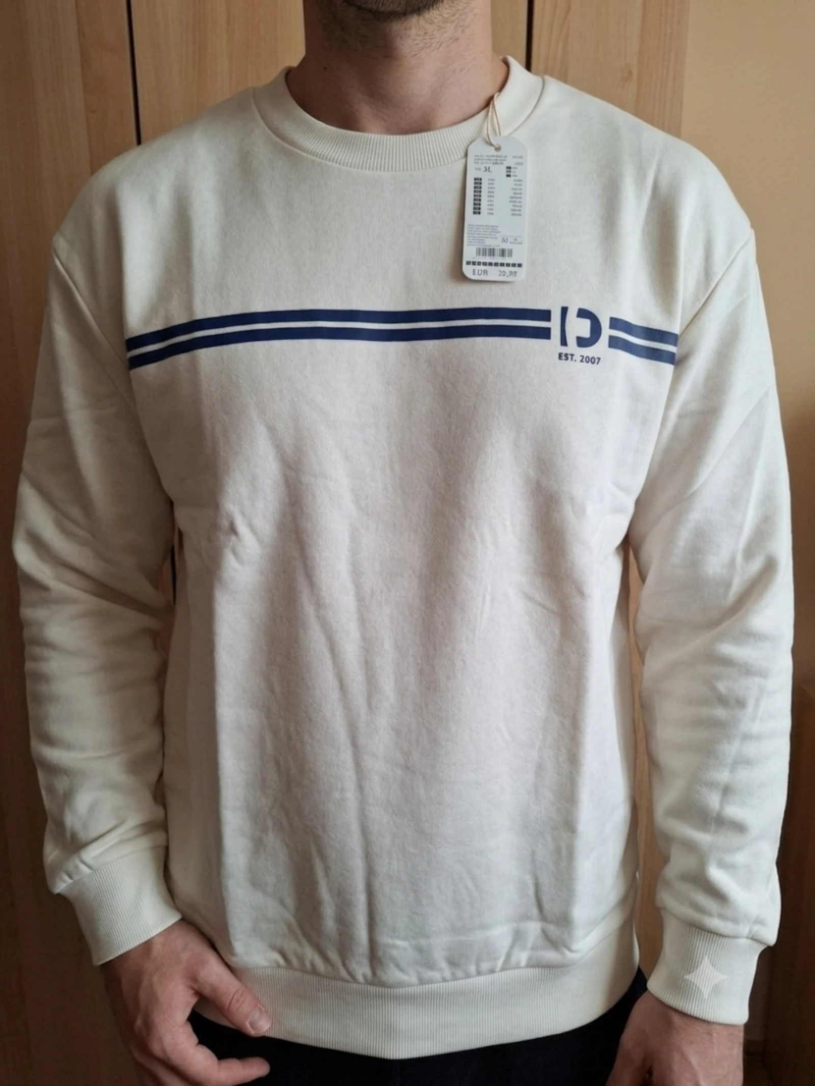 Moletom bege Tom Tailor Denim novo com etiqueta tamanho GG, sweatshirt branco quebrado com faixas azul marinho – photo 2